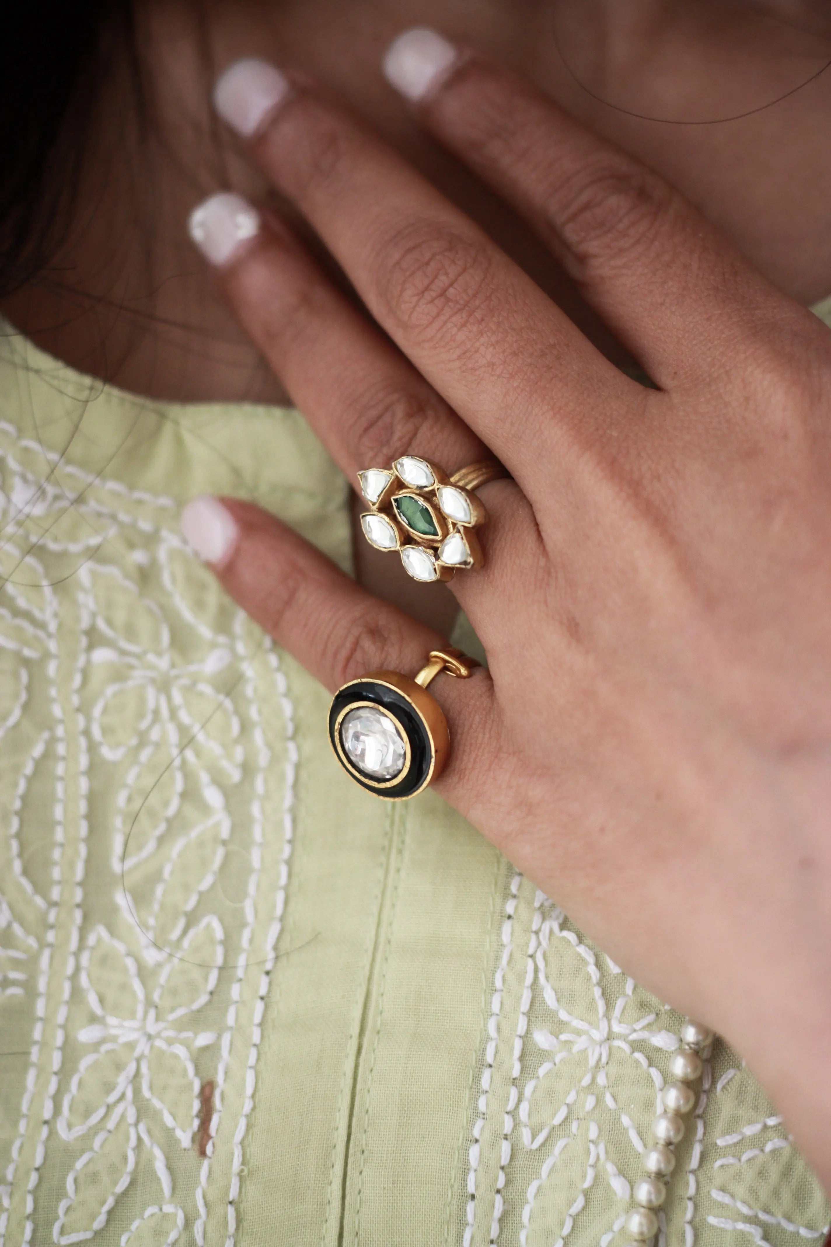 Black Enamel Kundan Ring | Gold-Plated Adjustable Statement Ring