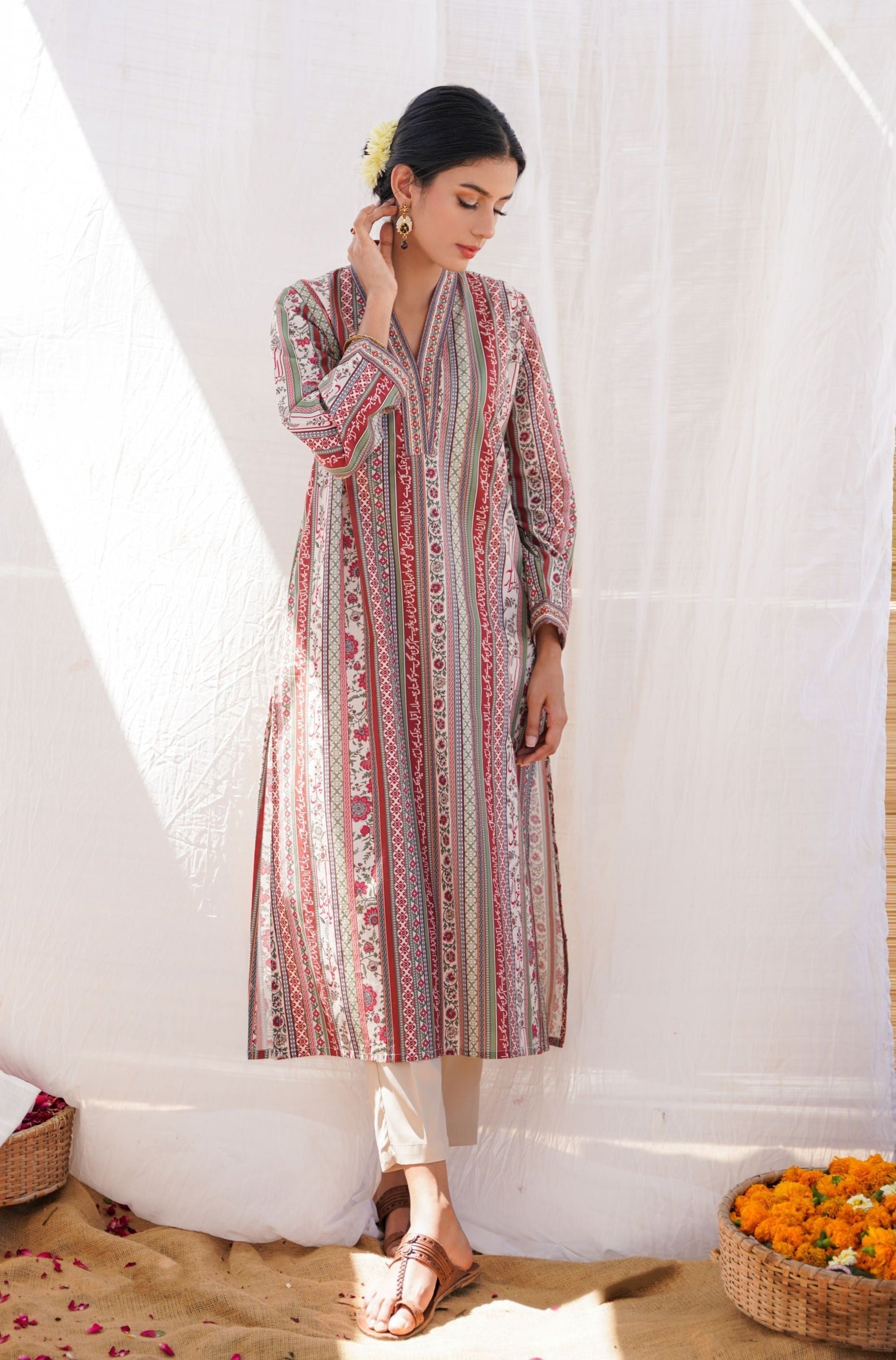 Gulistan (Flowerland) Stripes Kurta - Brick Red