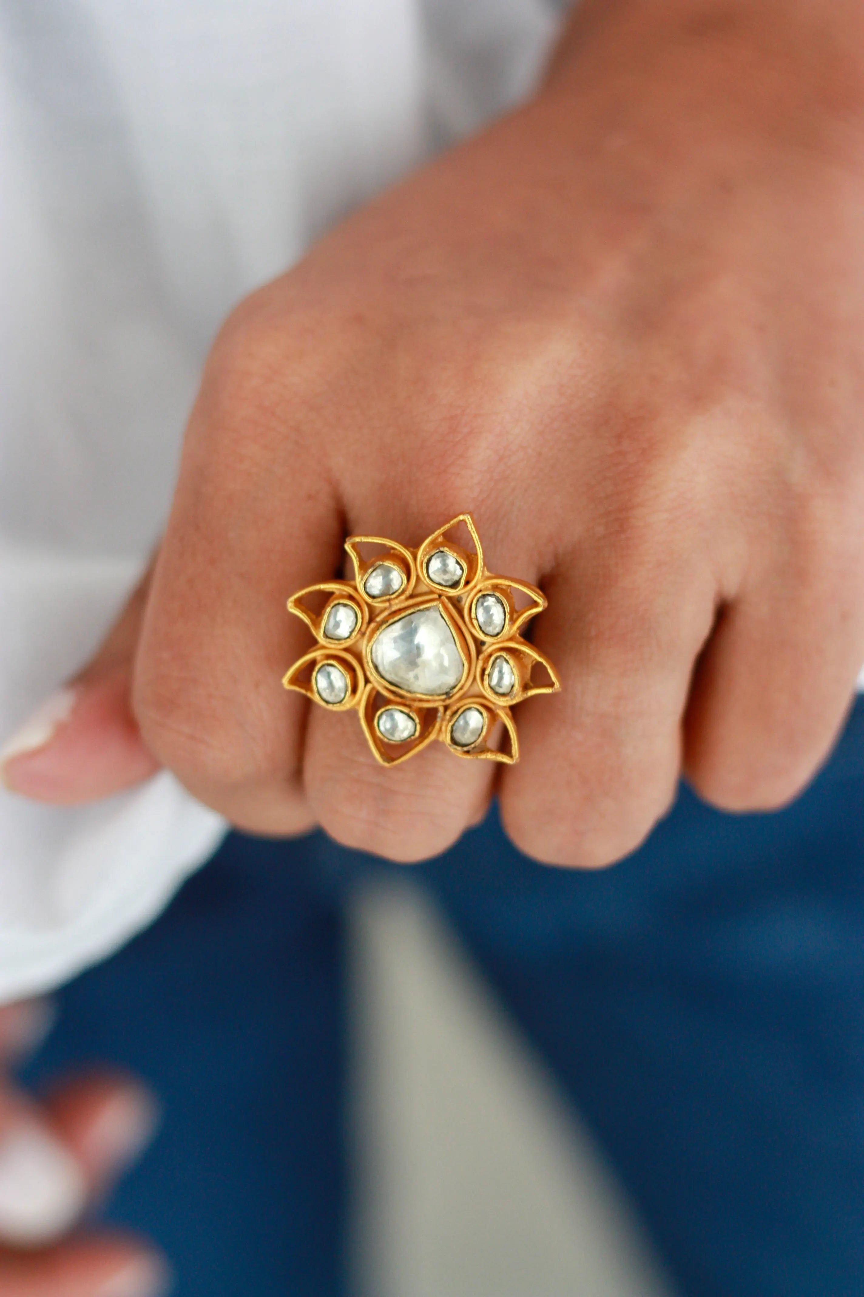 Sunburst Kundan Ring | Adjustable Gold-Plated Festive Statement Ring