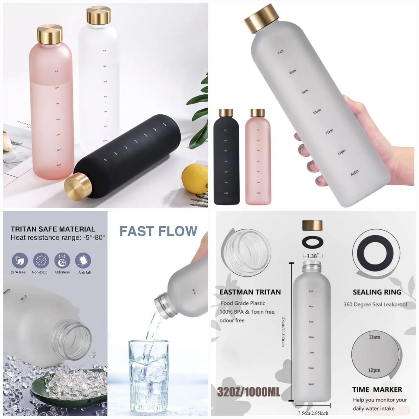 Tritan Time Marker Water Bottle 1000ml | Leakproof Frosted Bottle with Gold Lid – BPA-Free Hydration Tracker