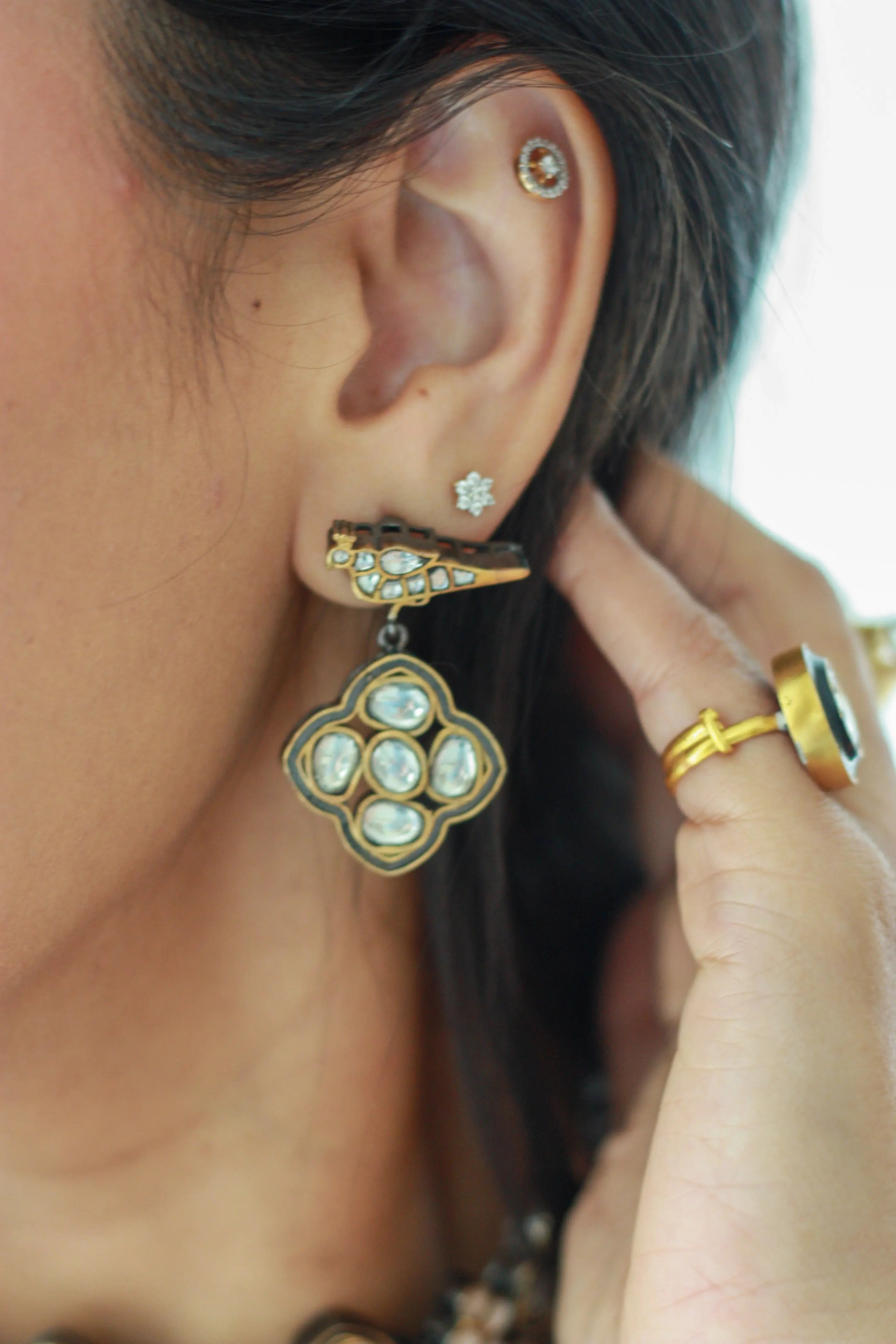 Antique Kundan Drop Earrings | Oxidized Gold-Plated Uncut Glass Heritage Earrings