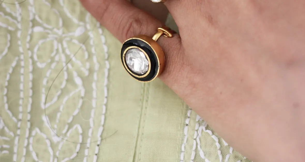 Black Enamel Kundan Ring | Gold-Plated Adjustable Statement Ring