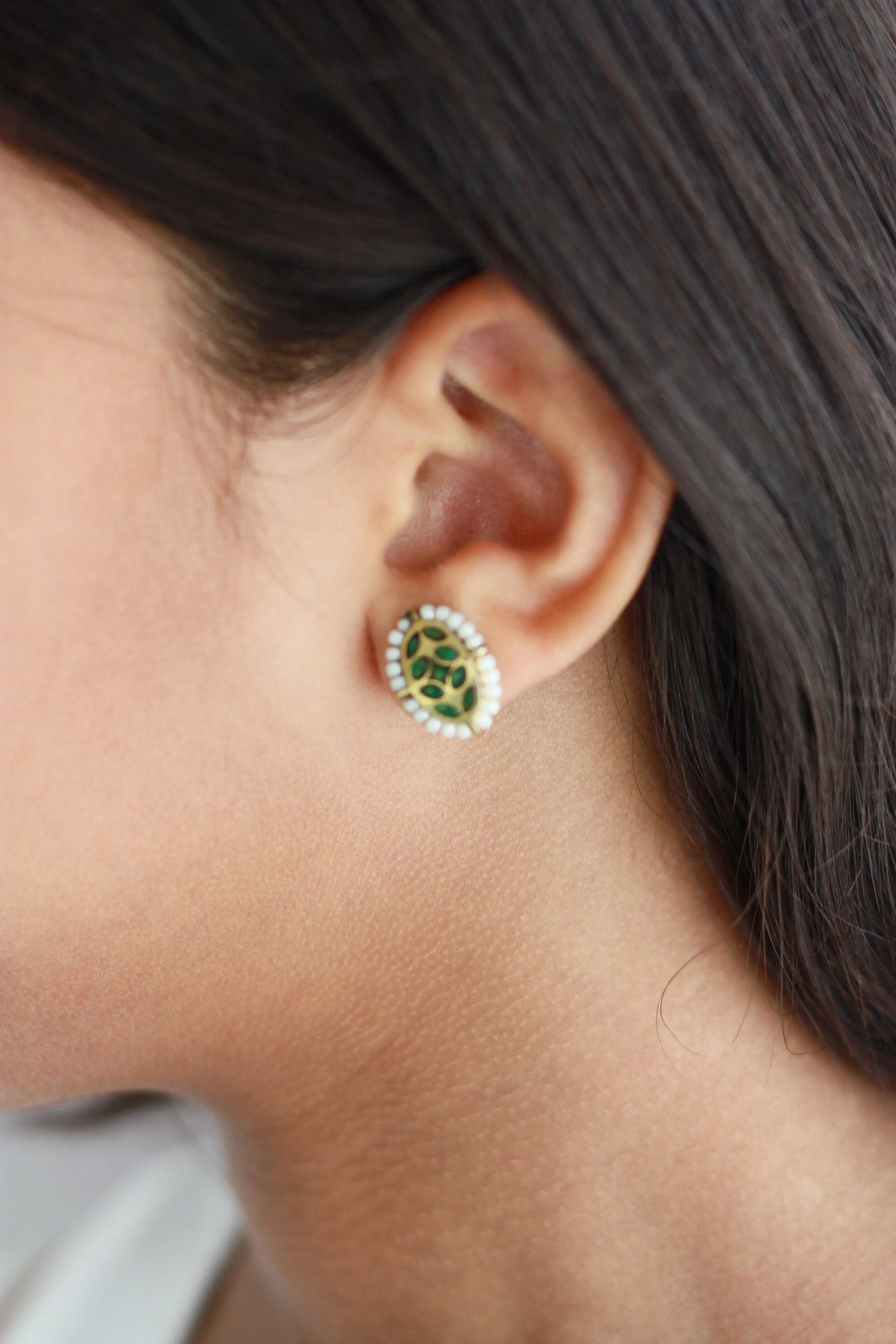 Green Meenakari Pearl Studs | Gold-Plated Enamel Heritage Earrings