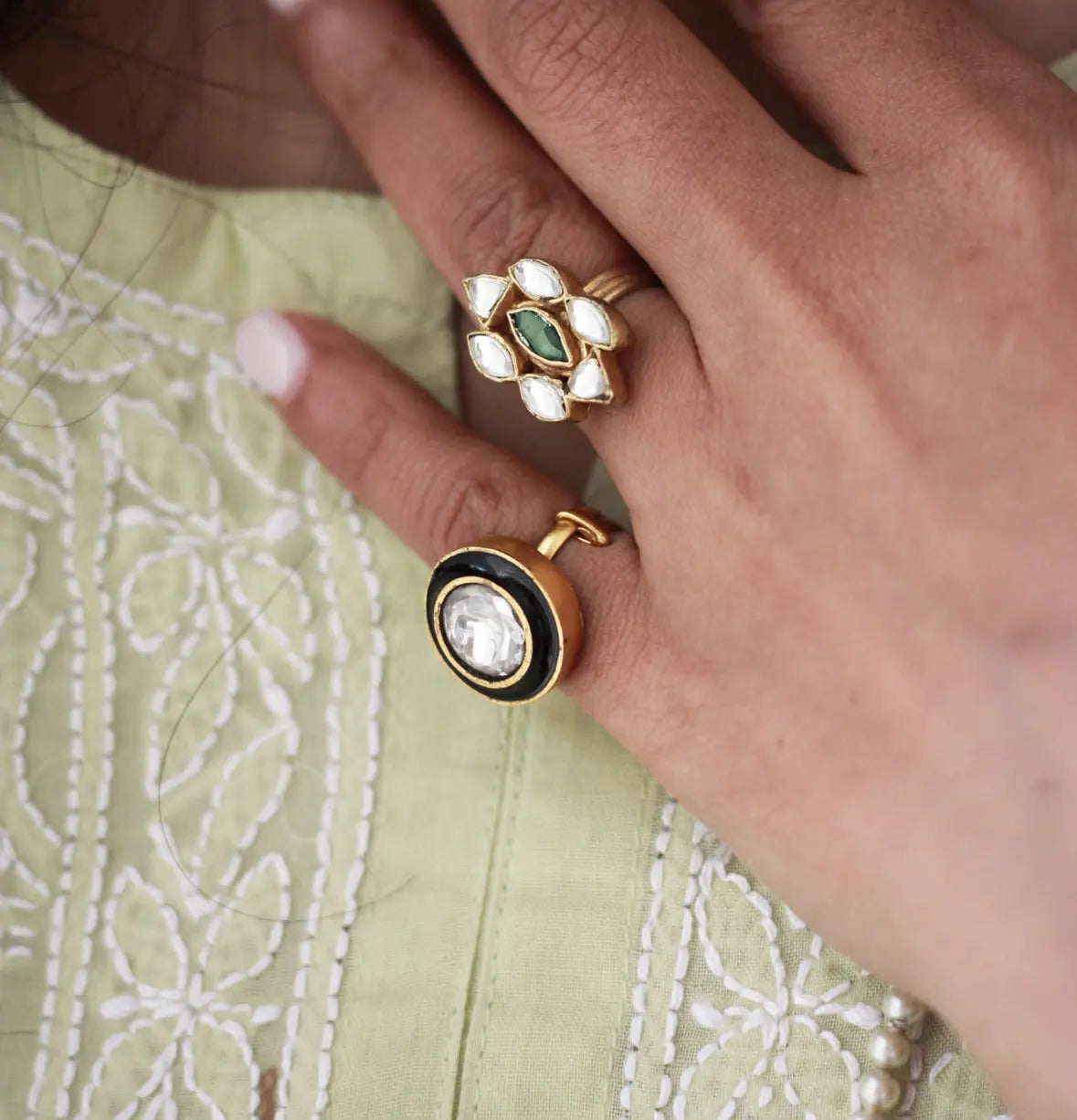 Kundan Floral Ring | Gold-Plated Green Stone Adjustable Cocktail Ring