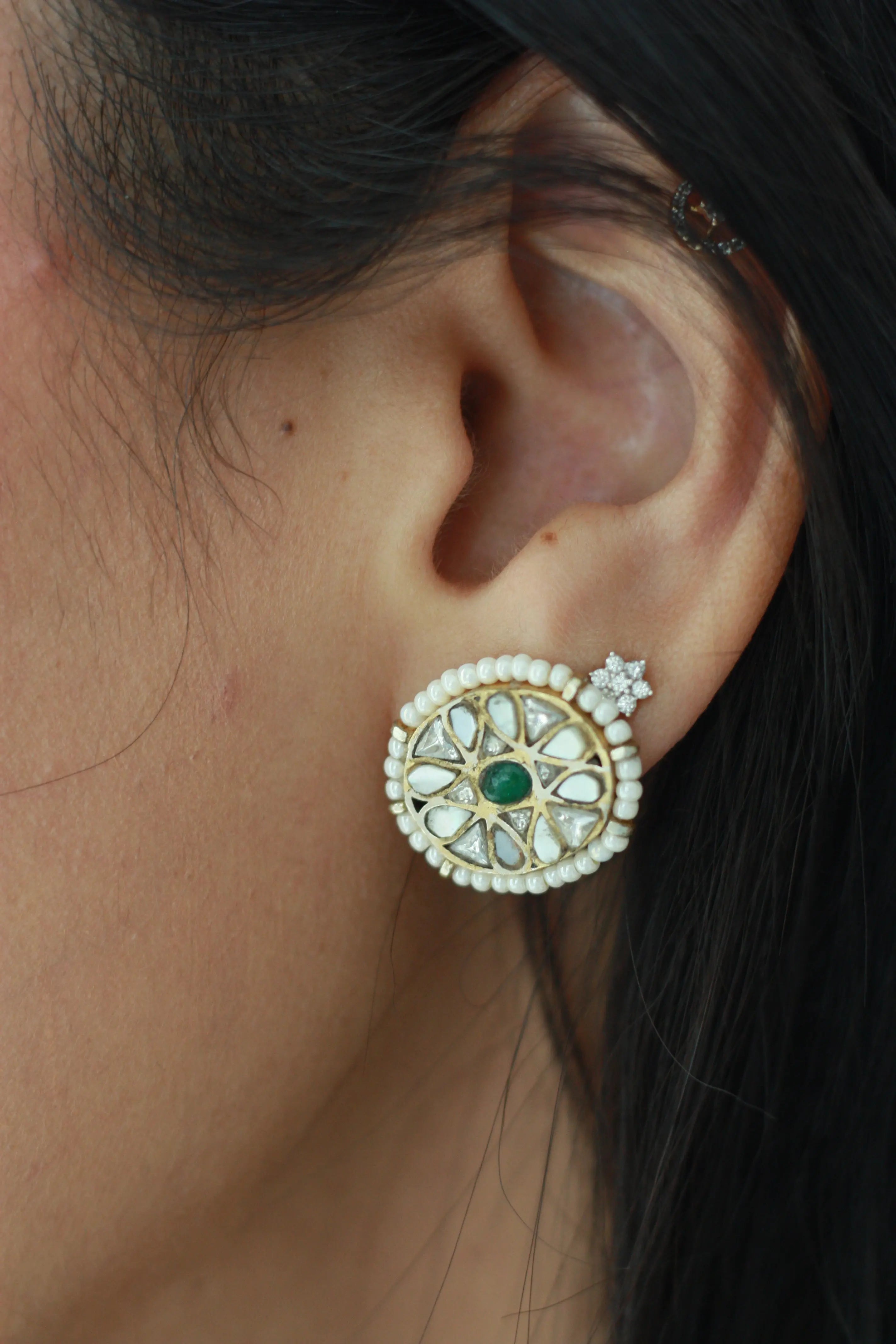 Mother of Pearl Petal Stud Earrings | Gold-Plated Green Enamel Floral Studs