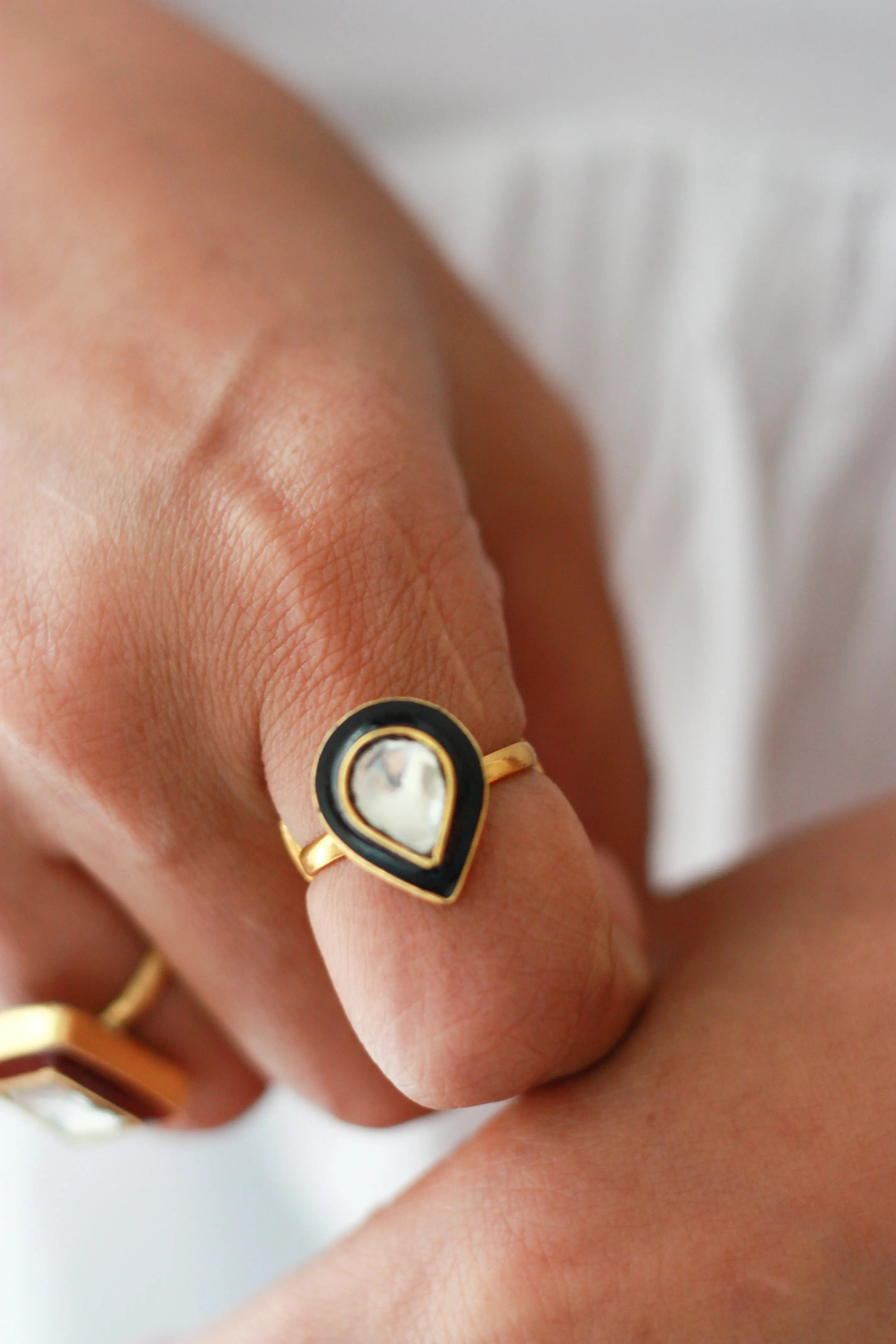 Red Enamel Rectangle Kundan Ring | Gold-Plated Adjustable Heritage Ring