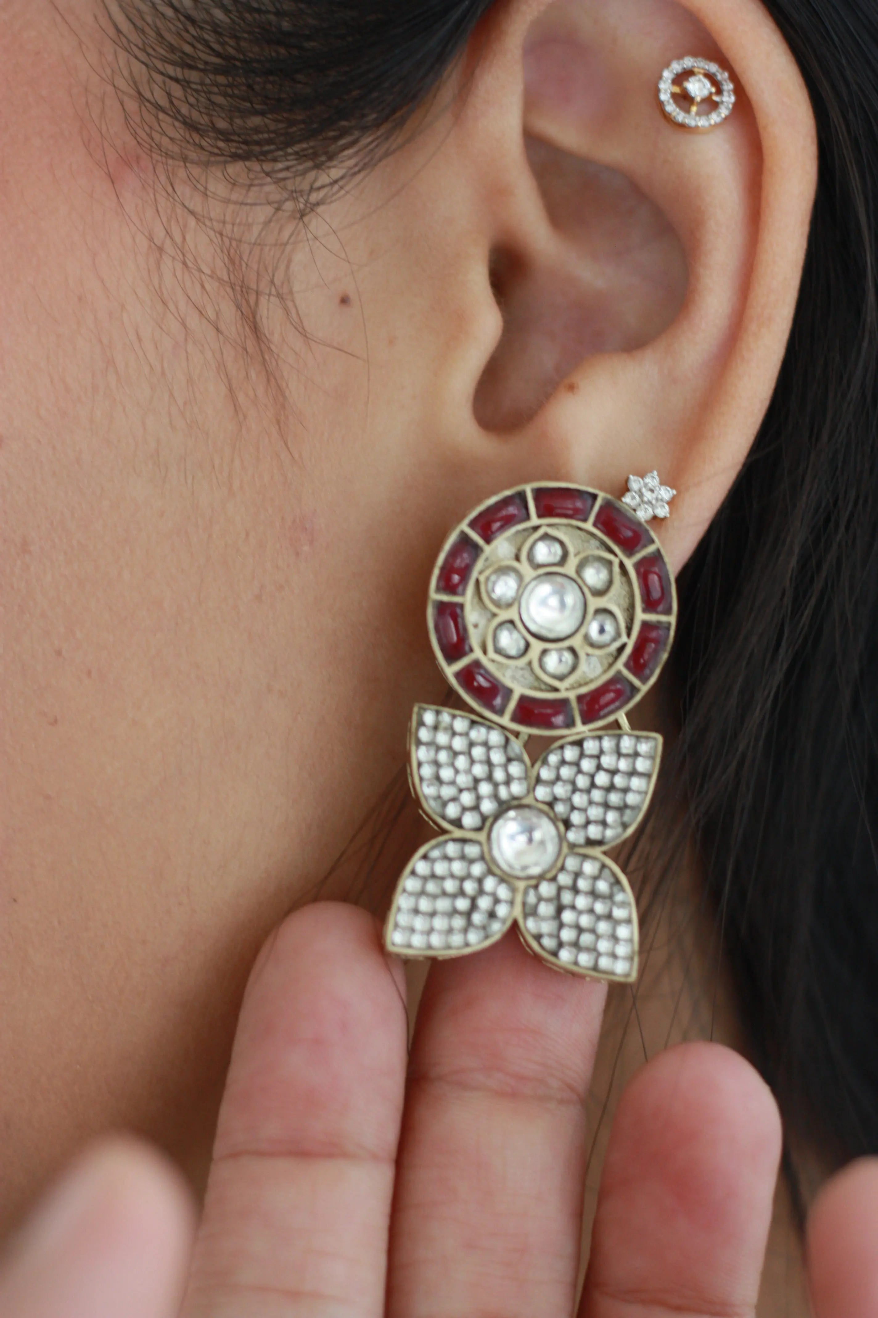 Ruby Floral Kundan Drop Earrings | Handcrafted Heritage Statement Earrings
