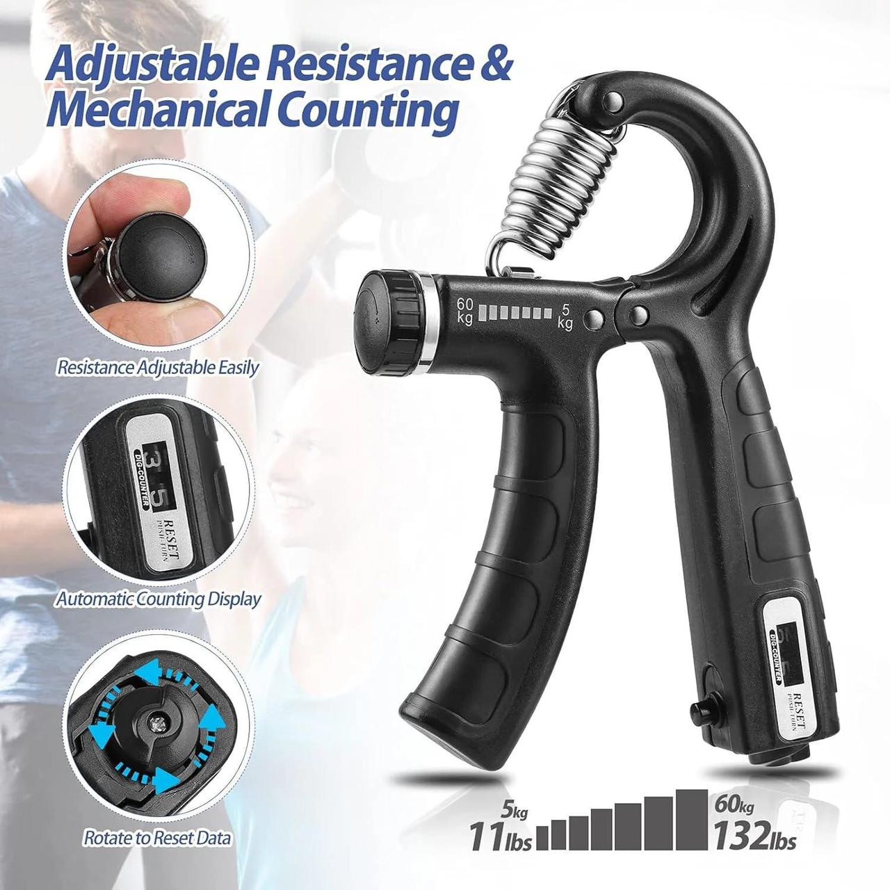 Adjustable Hand Grip Strengthener | 10–60kg Resistance Trainer with Counter for Hand, Wrist & Forearm