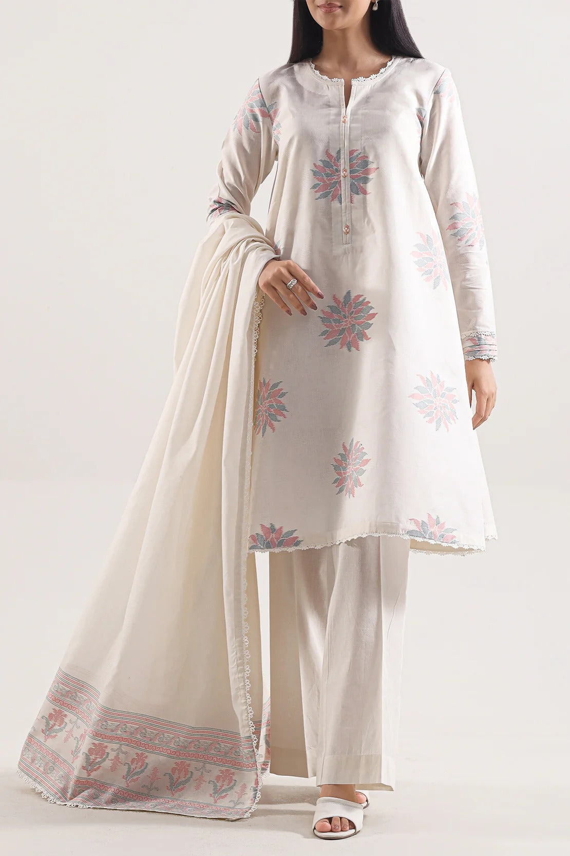 Saya Premium Dyed Jacquard 3-Piece Suit – Soft Ivory Pastel Bloom Edition