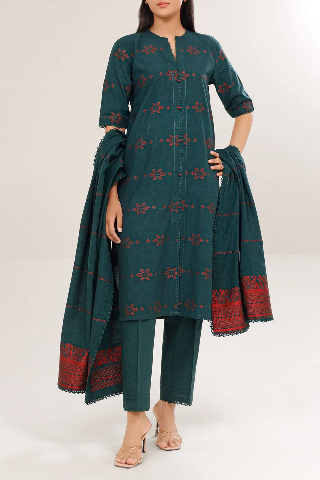 Saya Premium Dyed Jacquard 3-Piece Suit – Deep Teal Blue with Red Accents