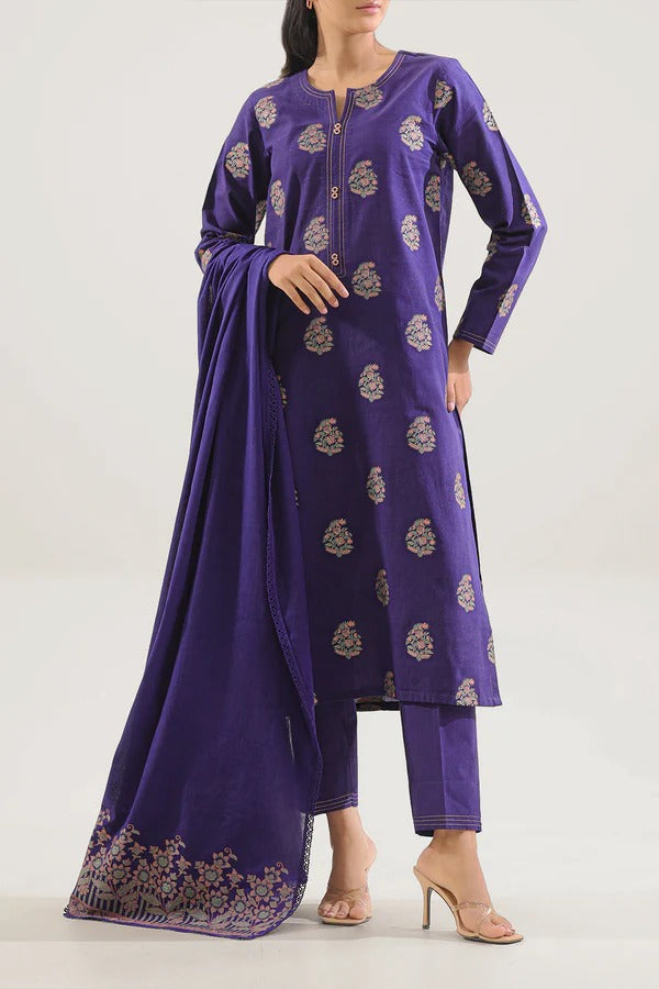 Saya Premium Dyed Jacquard 3-Piece Suit – Royal Blue Shirt, Dupatta & Cambric Trouser